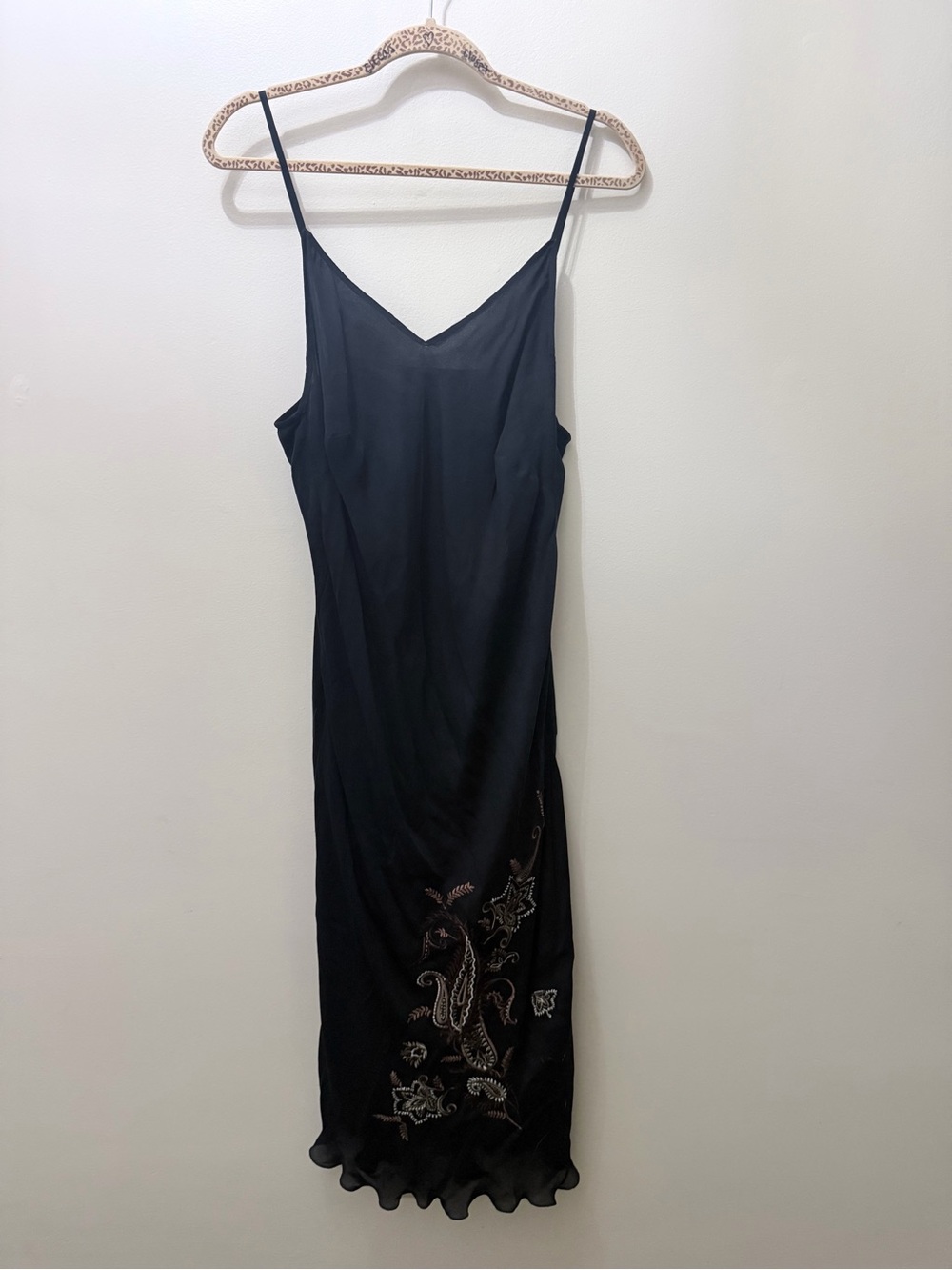 Vintage Y2K Whimsygoth Fairy Grunge Silk Midi Slip Dress Black Embroidered 14/16